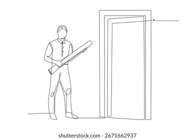 Caminando hacia el aula con un proyecto de ciencia en dos conceptos de dibujo de una línea