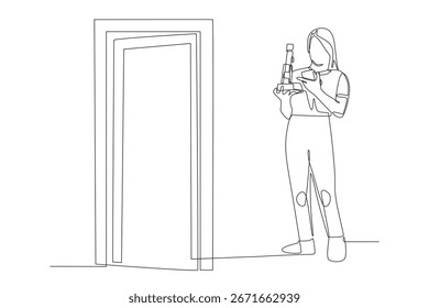Caminando hacia el aula con un proyecto de ciencia en dos conceptos de dibujo de una línea