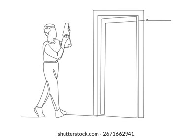 Caminando hacia el aula con un proyecto de ciencia en dos conceptos de dibujo de una línea