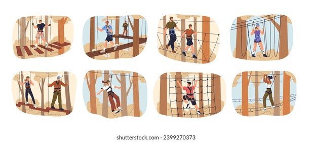 Walking, climbing in rope park. Active people at zipline, extreme outdoor activity among trees. Zip line, aerial playground in nature. Flat graphic vector illustrations isolated on white background