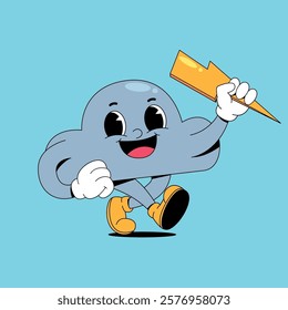Walking cloud holding lightning retro cartoon