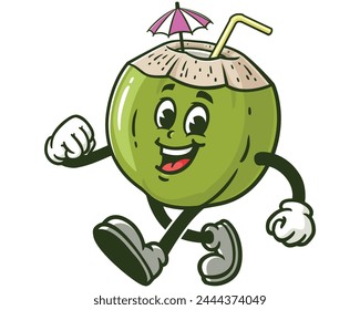 walking Coconut cartoon mascot illustration character vector clip art hand drawn
