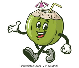 walking Coconut drink cartoon mascot illustration character vector clip art hand drawn