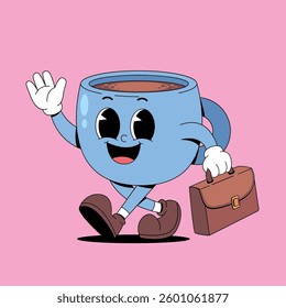 Walking coffee cup with briefcase cartoon