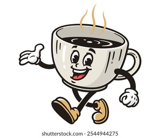 Walking Coffee Cup Cartoon Mascot Illustration Character Vector Retro Vintage Clip-art Hand-drawn Logo Design