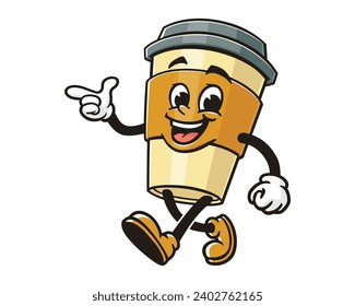 walking Coffee cup with pointing hand cartoon mascot illustration character vector clip art