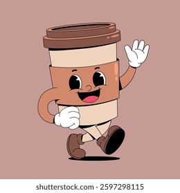 Walking coffee cup retro cartoon