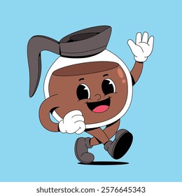 Walking coffee pot retro cartoon mascot,