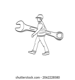 walking construction worker holding large wrench in hand illustration vector isolated on white background line art.