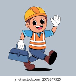Walking construction worker retro cartoon mascot