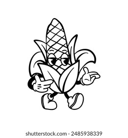 Walking Corn Cartoon Character Design Black Outline No Fill For Coloring Book
