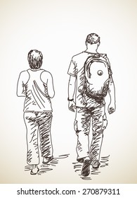 Walking couple back view Vector sketch Hand drawn illustration