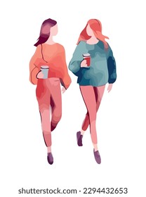 Walking couple holding coffee and smiling isolated