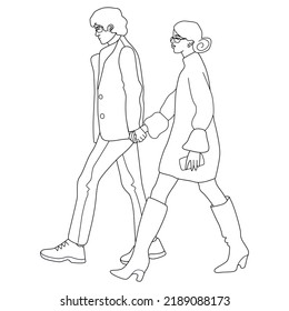 Walking couple line sketch isolated on white background. Man and woman walking together holding hands. Celebrities in fancy outfits strolling through the street.
