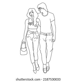 Walking couple in linear style. Colouring page. Man and woman walking together arms around each other. Romantic date stroll.