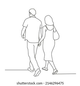 Walking couple, people going away. Hand drawn vector illustration. Black and white.