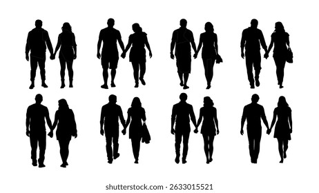Walking Couple Silhouettes – Hand in Hand Romantic Black and White Vector Collection