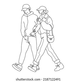 Walking couple in simple linear style. Colouring page. Man and woman walking together arm in arm. Casual trendy fashion out wear. 