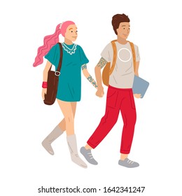 Walking couple with tattoos on hands in casual clothes. Young girl and boy are holding hands and are going to school or university. Isolated on white background. Vector cartoon illustration