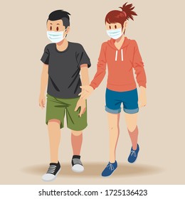 Walking Couple using masks to avoid corona virus. 
Flat style illustration vector.