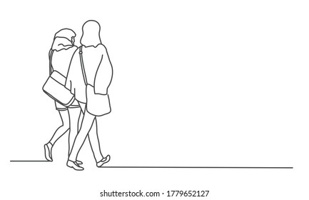 Walking couple of woman. Rear view. Line drawing vector illustration.