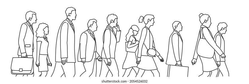 Walking crowd of business people. Hand drawn vector illustration. Black and white.