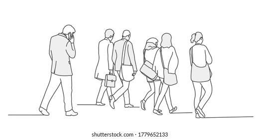 Walking crowd of people. Rear view. Line drawing vector illustration.