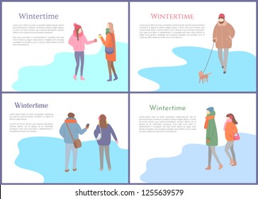 Walking crowd of people in wintertime. Men and women going and speaking in warm scarf and jacket and in hat or earmuffs with pet, poster text sample vector