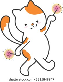 walking cute cat holding fireworks