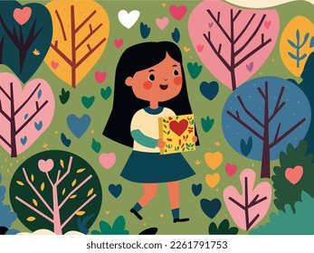 Walking Cute Girl Character Holding Gift Box With Colorful Heart Shape Leaves And Trees Background.