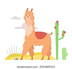 Walking cute llama animal. Mexican alpaca, camel family llama vector illustration