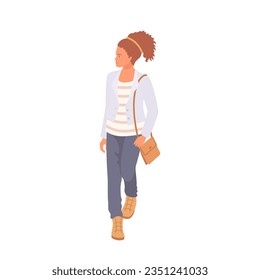 Walking cute young woman. Fashion for teenagers. Cartoon flat style. Vector illustration