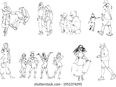 Walking dancing play kids sketch hand draw