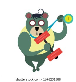 Animales Muertos caminando - un oso con un dumbell, peso a escala, con los ojos vacíos, con un soltero amarillo, cuerpo verde, con una medalla.