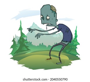 A walking dead man in the nature. A zombie among the trees, mountain landscape in the background. Halloween vector illustration, isolated on white.