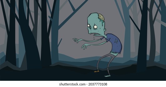 A walking dead man in the night forest. A zombie among the trees. Halloween vector illustration, isolated on white.