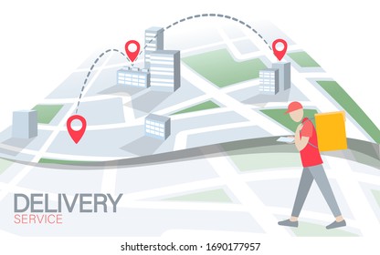 Walking delivery box with smartphone point map. Walk road food shipping mobile app order. Package quarantine thermal bag backpack dinner meal. Fast delivery concept vector illustration