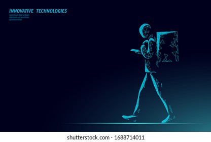 Walking delivery box with smartphone. Walk road night food shipping mobile app order. Package quarantine thermal bag backpack dinner meal. Fast delivery concept vector illustration