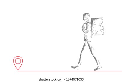 Walking delivery box with smartphone. Walk road food shipping mobile app order. Package quarantine thermal bag backpack dinner meal. Fast delivery concept vector illustration