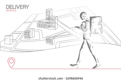 Walking delivery box with smartphone. Walk road food shipping mobile app order. Package quarantine thermal bag backpack dinner meal. Fast delivery concept vector illustration