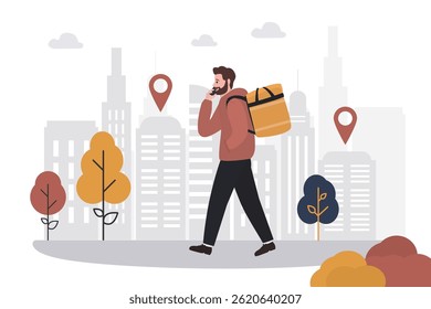Walking delivery guy. Caucasian male character design. Fast shipping. Courier with backpack and mobile phone on urban background. Delivery service, shipment. Cartoon vector illustration