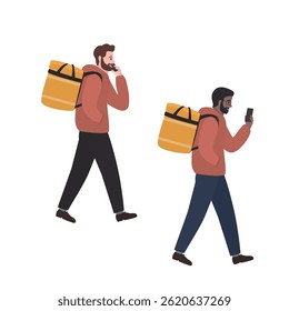 Um entregador ambulante. Dois personagens masculinos multi-étnicos design. Transporte rápido. Courier com mochila e telefone celular isolado no fundo branco. Serviço de entrega. Ilustração de vetor de desenhos animados