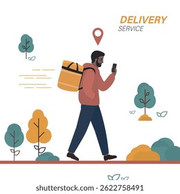 Walking deliveryman with box. African american male character. Fast shipping. Courier with backpack and mobile phone for navigation. Delivery service, shipment. Cartoon flat vector illustration