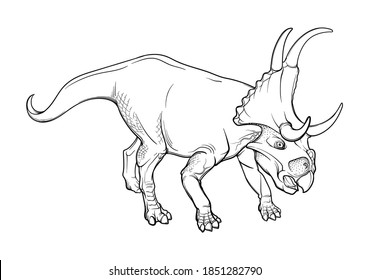 Walking Diabloceratops. Black linear hand drawing isolated on a white background. Coloring Book page. EPS10 Vector illustration