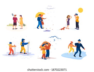 Сouple walking at different times of year at various weather. Man and woman walking autumn in rain, winter in snowfall, summer heat, wind, thunderstorm. Family go in for sports, relax, walk dog vector