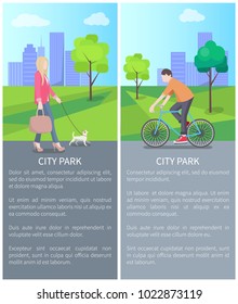 Walking with dog blonde and man riding on blue bike, vector illustration with lot of skyscrapers, three green trees and grass, text sample, grey road