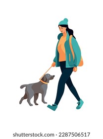 Walking dog brings happiness to young adult icon isolated