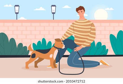 Walking with dog concept. Man walks with his pet in the park. Activity on the street. Animal on leash. Happy character. Cartoon modern flat vector illustration isolated on a white background
