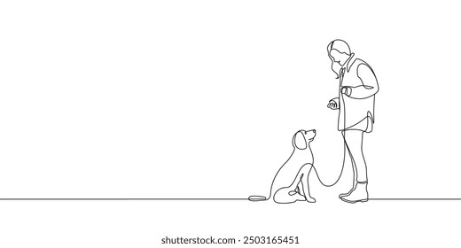 Walking with Dog Continuous Line Drawing. Woman and Dog Black Lines Drawing on White Background. Cute Pet with Cute Girl Minimalist Illustration. Modern Scandinavian Design. Vector EPS 10