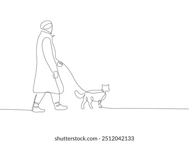 Walking with Dog Continuous Line Drawing. Old Woman and Dog Black Lines Drawing on White Background. Pet Minimalist Illustration for Modern Scandinavian Design. Vector EPS 10